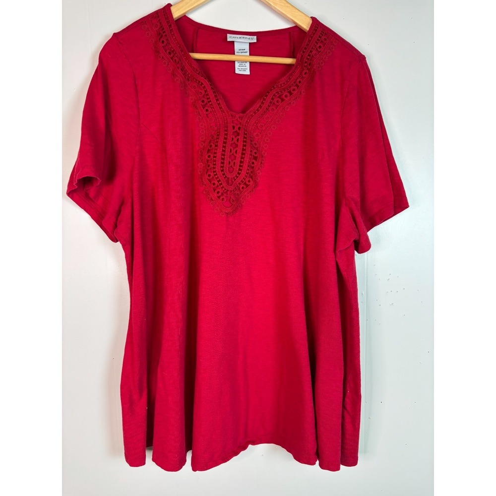Catherines‎ Top 2XWP Red Crochet Neckline Shirt Short Sleeve 2X Petite Women's
